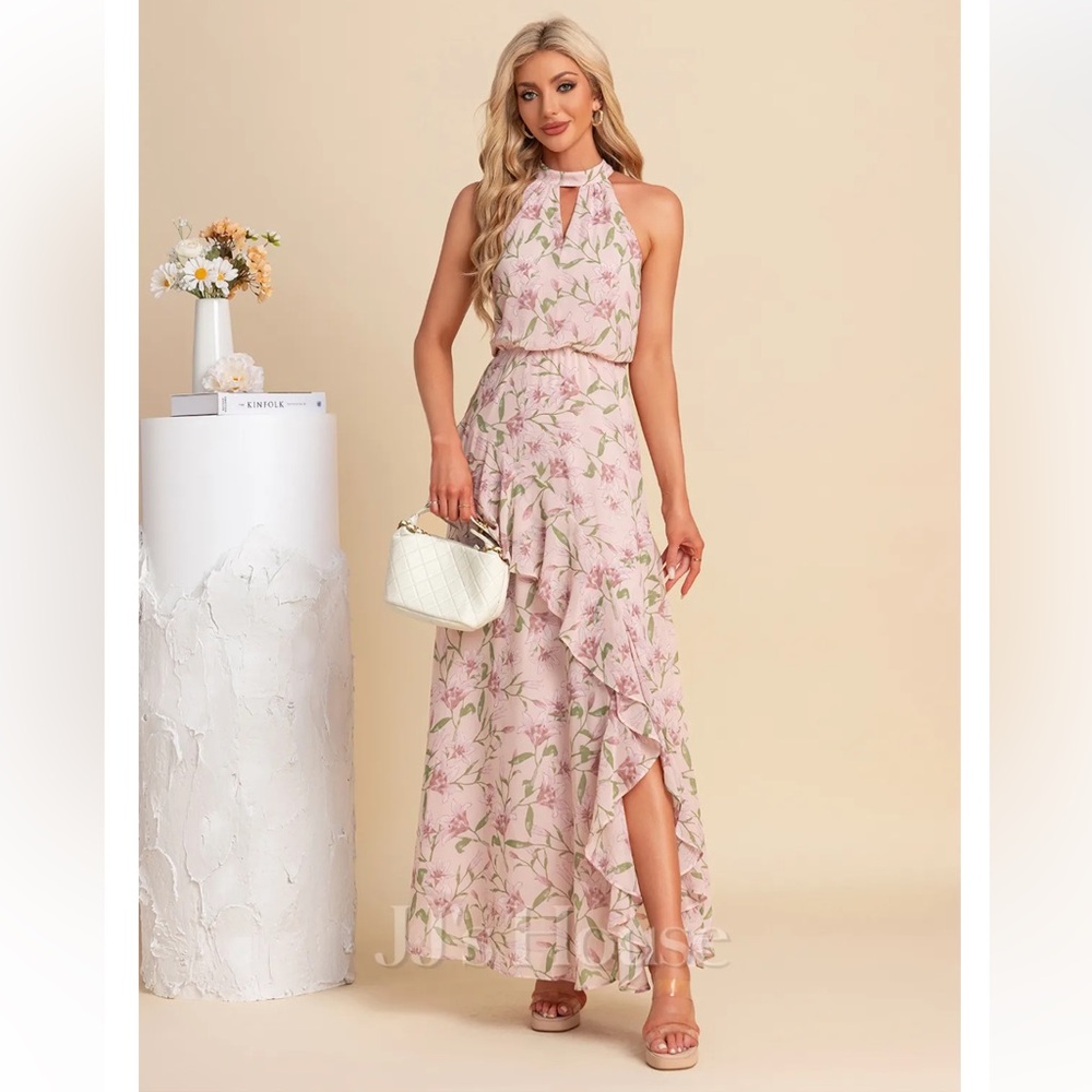 JJs House Pink Floral Halter Ruffle Maxi Dress